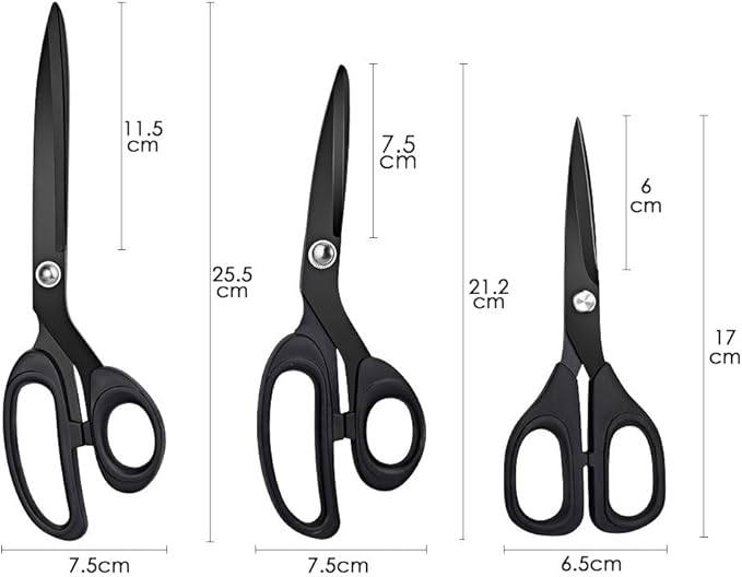 Jasni Scissors Set of 3 black titanium non stick blade anti rust Ergonomic Lightweight Soft Rubber Grip tailor scissors office student scissors for School, Office and Family Daily Use 10''/9''/6.5"-DeskLoop Office