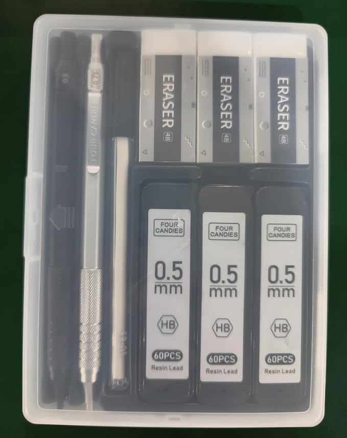 Four Candies 2PCS Metal Mechanical Pencils Set with Case, 0.5mm & 0.7 mm Artist Pencil with 6 Tubes (360PCS) HB Lead Refills, 3 Erasers,9 Eraser Refills For Writing Drafting, Drawing, Black&Silver-DeskLoop Office