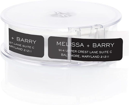 Striking Black Modern Rolled Address Labels/Roll of 250 Personalized Address Labels/Designer Return Address Stickers in Elegant Plastic Dispenser-DeskLoop Office