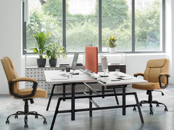 CLATINA Brown Office Computer Chair PU Leather Executive Swivel Adjustable Height Chairs with Upholstery Fixed armrest Mid-Back Leather Thick Cushion Office Chair Brown 4Pack-DeskLoop Office