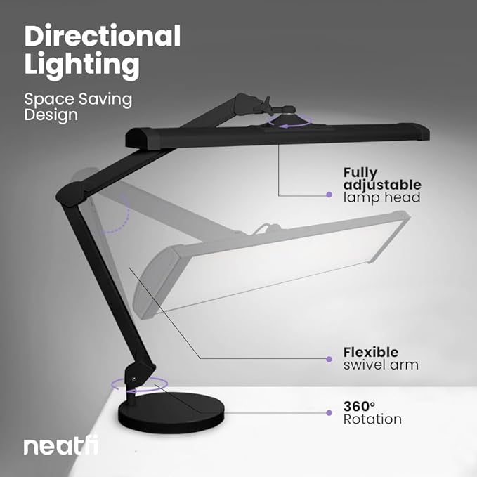 Neatfi Ultra 3,500 Lumen LED Desk Lamp, Color Correlated Temperature, 3 Light Modes, Dimmable, 45W, 26 Inch Wide Metal Shade, 540 SMD LEDs (CCT with Base, Black)-DeskLoop Office