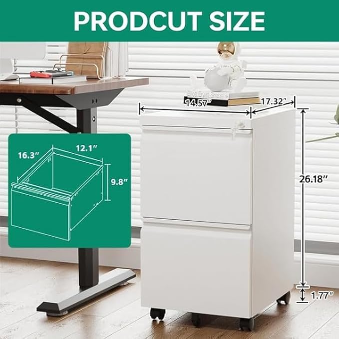Letaya 2 Drawer Mobile File Cabinet with Lock,Under Desk Metal Filing Cabinets for Home Office Organizer Letters/Legal/A4(White-Requires Installation)-DeskLoop Office