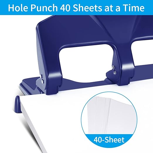 Heavy Duty 3 Hole Punch, 40-Sheet Heavy Duty Paper Punch, 50% Reduced Effort 3-Hole Punch, AFMAT Metal Hole Puncher 3 Ring, Three-Hole Paper Puncher w/Large Chip Tray for Classroom, Office, Blue-DeskLoop Office