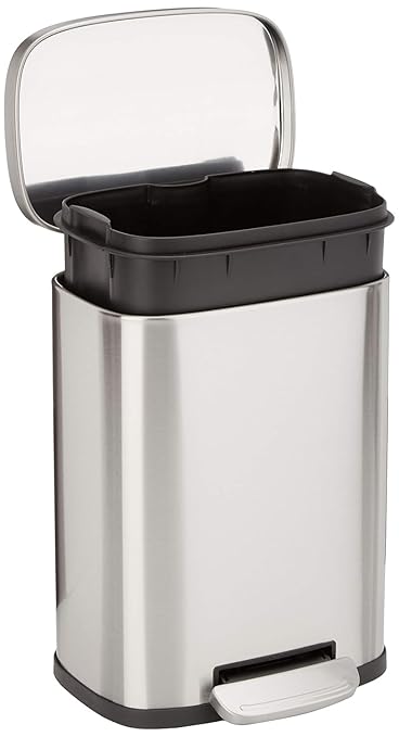 Amazon Basics Smudge Resistant Mini Rectangular Trash Can With Soft-Close Foot Pedal, Brushed Stainless Steel, for Bathroom & small space, 5 L /1.32 Gal, Satin Nickel Finish, 7.3x8.5 x11.8 in (LxWxH)-DeskLoop Office