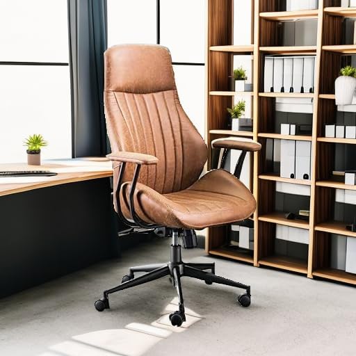 ovios Ergonomic Home Office Chair, Mid-Century Modern Faux Leather Chairs with Padded Armrests, Comfy High Back Swivel Rolling Executive Computer Armchair (Brown, Suede Leather)-DeskLoop Office