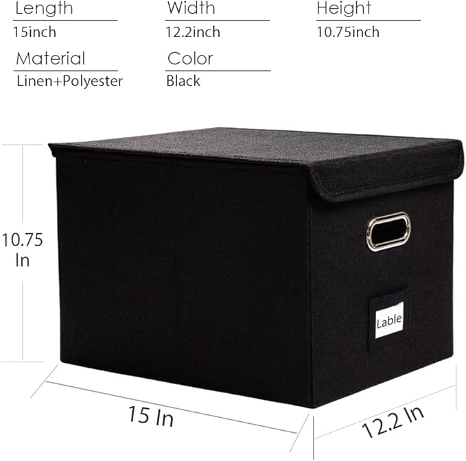 PRANDOM File Organizer Box - Set of 2 Collapsible Decorative Linen Filing Storage Hanging File Folders with Lids Office Cabinet Letter Size Black (15x12.2x10.75 inch)-DeskLoop Office