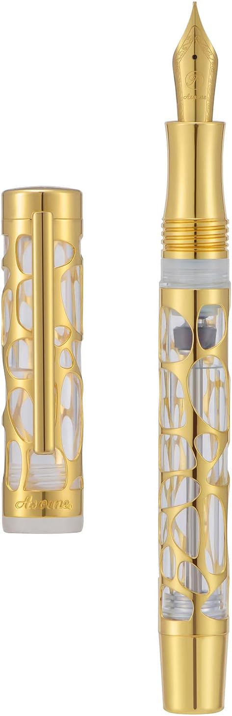 Asvine V169 Vacuum Filling Fountain Pen Medium Nib, Water Drop Skeleton Gold Trim Transparent Clear Acrylic Pen Case Set-DeskLoop Office