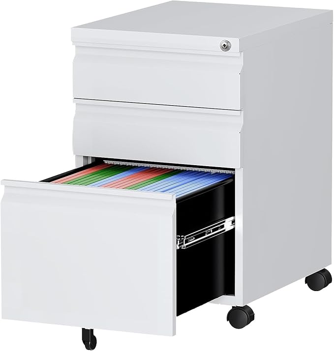 Letaya 3 Drawer Mobile File Cabinet with Lock, Under Desk Metal Rolling Filing Cabinets for Home Office Organizer Letters/Legal/A4 (White- Requires Installation) (White)-DeskLoop Office