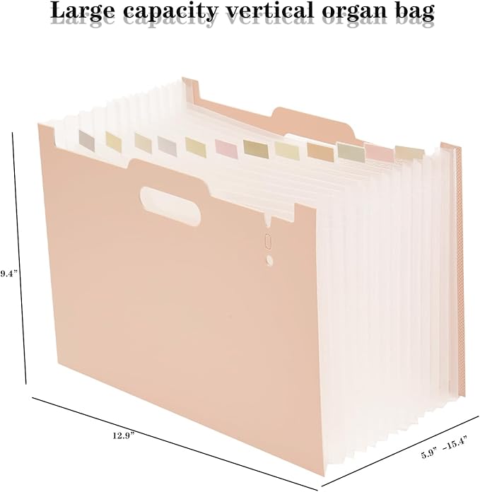 2-Piece Accordion Folder Manager, 12 Grid Expansion Pages, Portable Monthly Bill and Receipt Manager That Opens Upright, Colored Labels, School, Home, and Office letterhead/A4 Size, Pink-DeskLoop Office