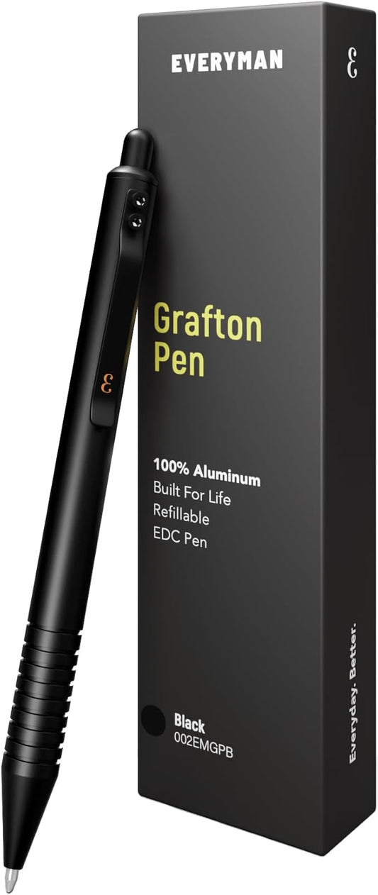 Everyman Grafton Full Click Refillable 0.7mm Ball Point Pen, Black | Sleek Anodized Aluminum EDC Pen with Deep Grooved Grip | Smooth Writing Pocket Pen for Office, Travel, Gifting & Daily Use-DeskLoop Office