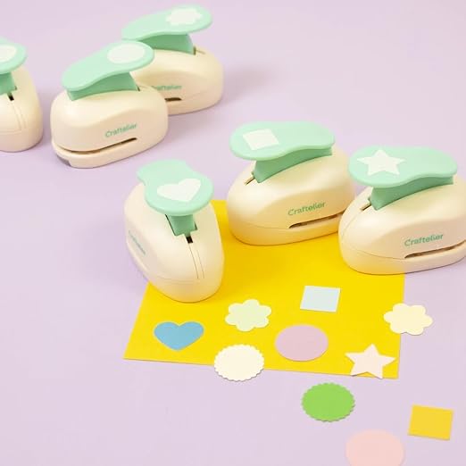 Craftelier - 1 inch Hole Punch Set of 6 for Paper Crafts + 10 Cardstock Colored Paper | Circle, Star, Heart, Scalloped Circle, Square & Flower | Punch Sets for Scrapbooking & Cardstock.-DeskLoop Office