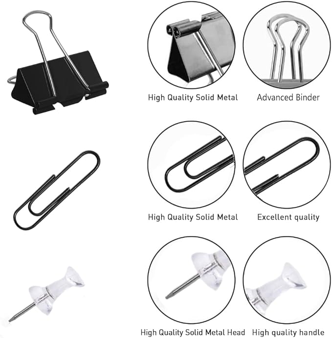 Paper Clips and Binder Clips Set, Metal Assorted Sized Binders with Push Pins, Black Office Supplies for Desk, Durable Desk Accessories-DeskLoop Office