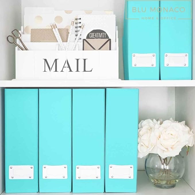 BLU MONACO Set of 6 Foldable Aqua Magazine File Holders with White Leather Label Holders – Cute Book Organizers for Desk, Classroom, Shelves, and Home Office-DeskLoop Office