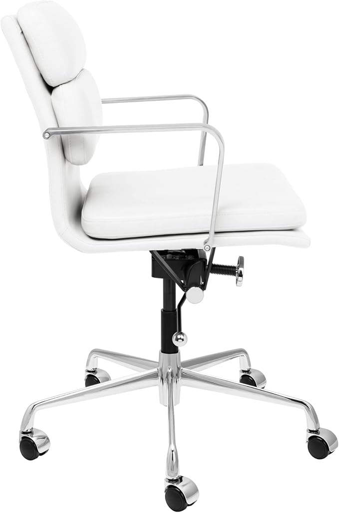 Laura Davidson Furniture SOHO II Padded Management Office Chair - Mid Back Desk Chair with Arm Rest, Swivel & Cushion Availability, Made of Faux Leather, White, Computer Chair-DeskLoop Office