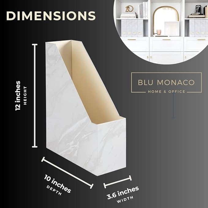 BLU MONACO Set of 4 Magazine Holders, White Marble Design with Gold Label Holders, File Holder for Desk, Magazine Storage for Home Office and Classroom-DeskLoop Office