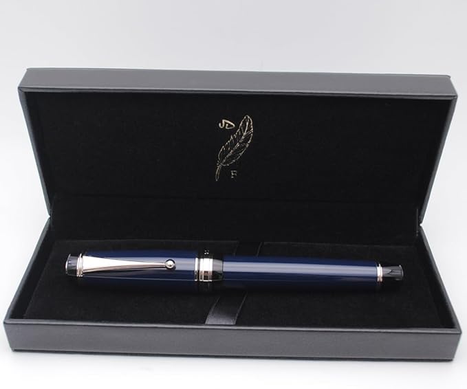 Metal Big Fountain Pen Set Medium Nib 0.7mm, Includes Ink Refill Converter, 5 Ink Cartridges & Gift Box (Medium Nib 0.7mm, Dark Blue with Silvery Clip)-DeskLoop Office