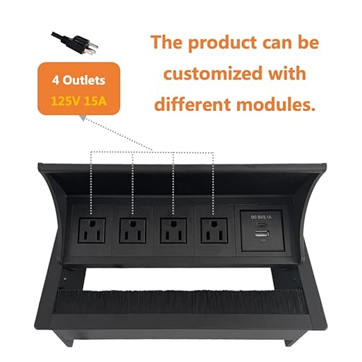 ZESHAN Brush Cable Cubby Connectivity Box Conference Table Power Box with Power Socket, USB and Type C Charger, Black-DeskLoop Office