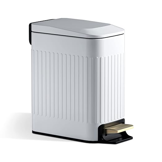 Small Bathroom Trash Can with Lid Soft Close-6L/1.6 Gal Slim Step Garbage Can-Metal Pedal Wastebasket-Narrow Rectangle Garbage Container Bin for Corner Office, Bedroom, Toilet, Live Room-White-DeskLoop Office