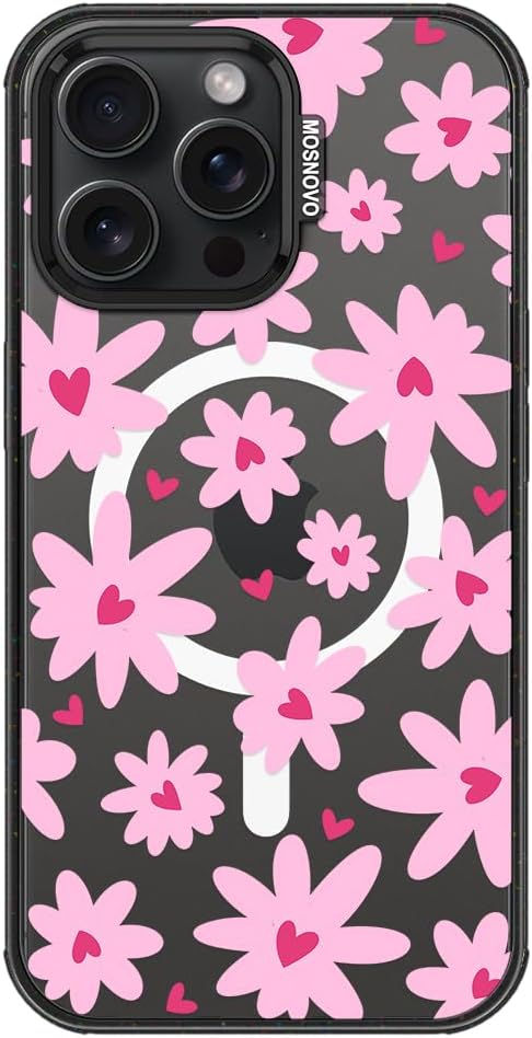 MOSNOVO Magnetic Case for iPhone 15 Pro Max, 10ft Military-Grade Protection, Compatible with Magsafe, Shockproof Phone Case for iPhone 15 Pro Max - Love in Bloom - Clear Black-DeskLoop Office