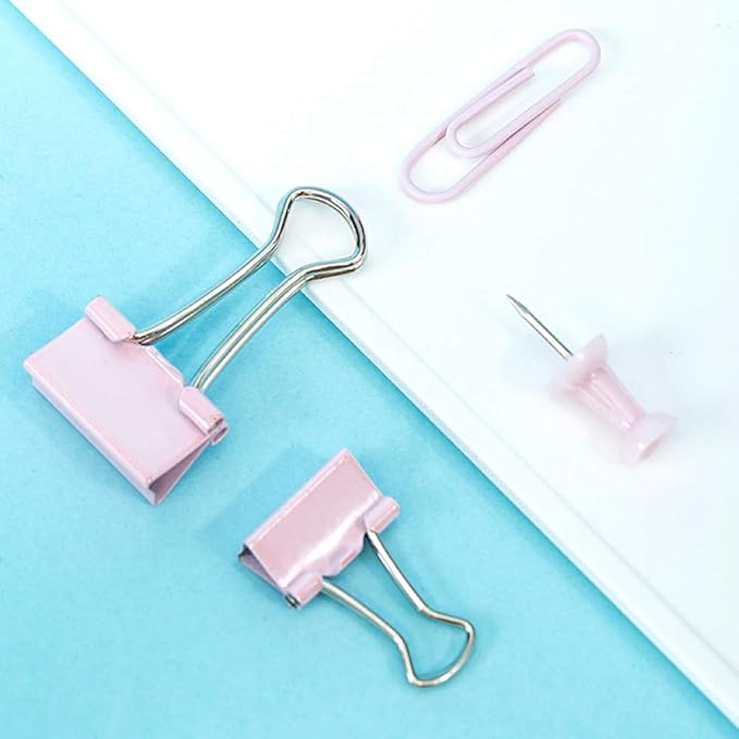 Paper Clips and Binder Clips Set, Metal Assorted Sized Binders with Push Pins, Cute Office Supplies for Desk, Desk Accessories (Pink)-DeskLoop Office