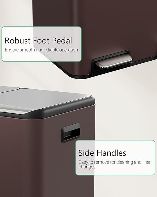 TLSUNNY Kitchen Dual Trash Can, 60L Hands-Free Stainless Steel Garbage Can, Classified Rubbish Bin with Double Compartments, Soft-Close Lid, Inner Bucket, Odor Control (60L) (Brown)-DeskLoop Office