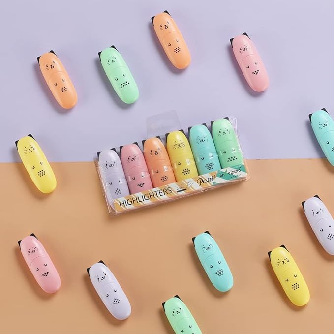 6 pieces Cat Shape Cute Mini Highlighter Pen Pastel Color Chisel Tip Kawaii Kids Stocking Stuffers Gift Highlighter Marker-DeskLoop Office