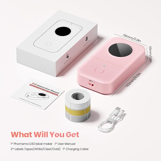 Phomemo D30 Label Maker Machine with 3 Tapes - White Clear Gold Labels, Portable Handheld Bluetooth Mini Label Maker Printer, Multiple Templates for Smartphone Thermal Small Label Printer Rechargeable-DeskLoop Office