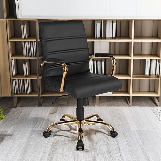 Flash Furniture Whitney Mid-Back Swivel LeatherSoft Desk Chair with Wheels, Padded Seat and Armrests, Adjustable Height Padded Office Chair, Black-DeskLoop Office