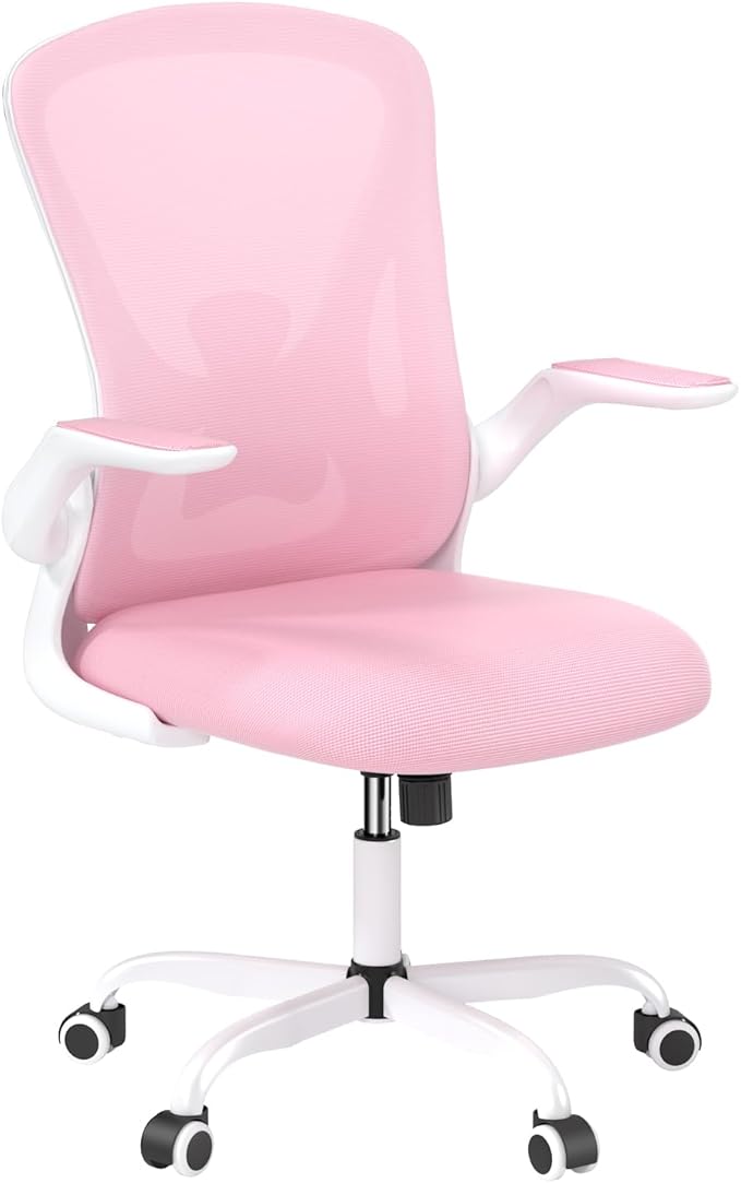 Sytas Ergonomic Desk Chair with Padded Flip up Arms and Supportive Lumbar Support, Breathable Mesh Home Office Chair with Comfortable Cushion for Home or Office(Pink)-DeskLoop Office