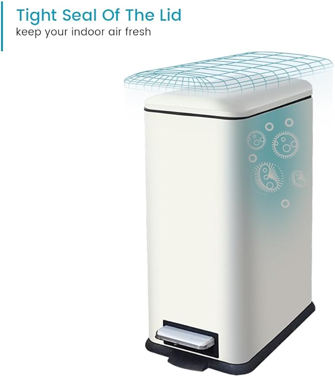 12 Gallon Slim Kitchen Trash Can, Rectangular Trash Can with Removal Inner Bucket and Soft-Close Lid, Foot Pedal, Stainless Steel Garbage Can 45 Liter, White-DeskLoop Office