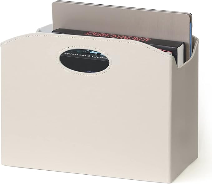 EZDeco Magazine Holder Foldable Magazine Rack Floor PU Leather File Holder Newspaper Book Storage Basket Document File Folder Organizer for Office Home (Off-white-1)-DeskLoop Office