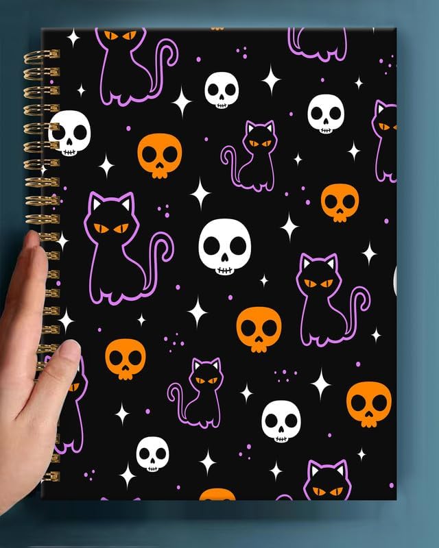 Spiral Journal Notebook,A5 Hardcover Lined Journals for Women Girl 6 x 8.3 in,120 Pages Thick Paper,Cute College Ruled Writing Notebook for Gifts Office Work School(Halloween Skull Cat)-DeskLoop Office