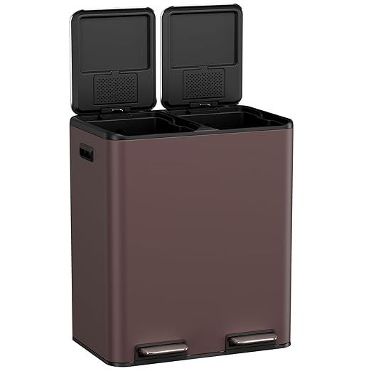 TLSUNNY Kitchen Dual Trash Can, 60L Hands-Free Stainless Steel Garbage Can, Classified Rubbish Bin with Double Compartments, Soft-Close Lid, Inner Bucket, Odor Control (60L) (Brown)-DeskLoop Office