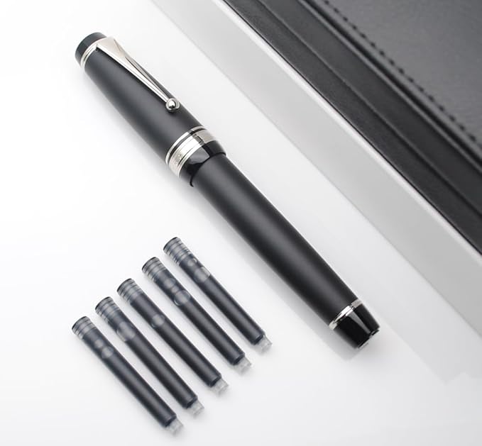 Metal Big Fountain Pen Set Medium Nib 0.7mm, Includes Ink Refill Converter, 5 Ink Cartridges & Gift Box (Medium Nib 0.7mm, Matte Black with Silvery Clip)-DeskLoop Office