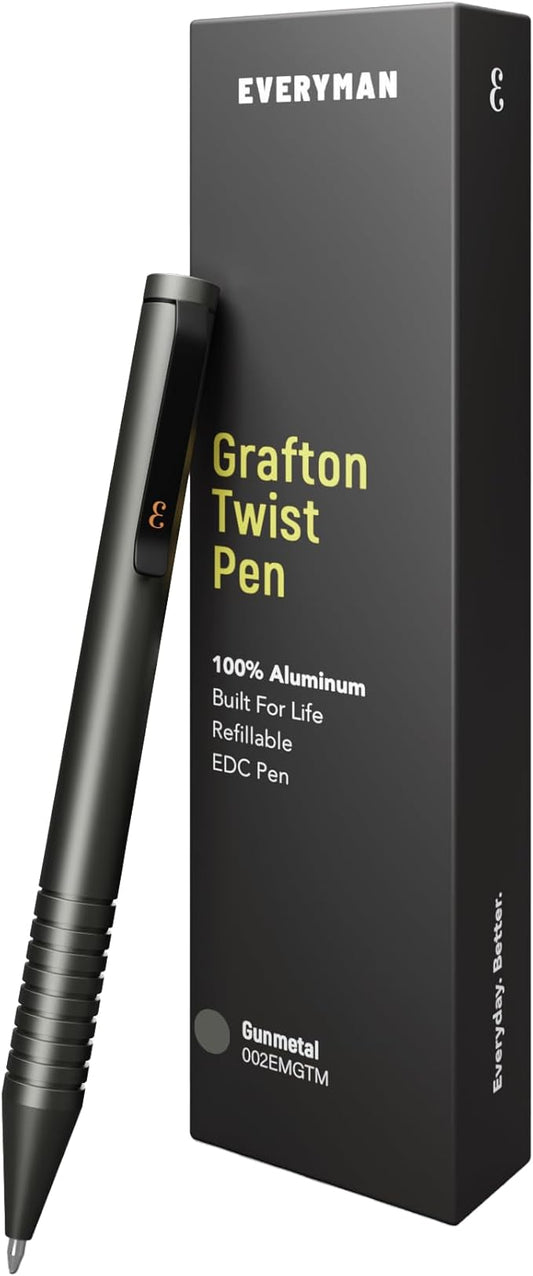Everyman Grafton Mini Twist Refillable 0.7mm Ball Point Pen Gunmetal | Sleek Anodized Aluminum Pocket Pen with Grooved Grip | Smooth Writing EDC Ink Pen for Office, Travel, Work & Gifting-DeskLoop Office