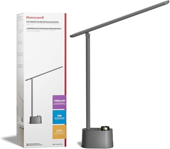 Honeywell Upgraded LED Desk Lamp - H01 Pro Sunturalux™ Foldable Desk Light with USB A+C Charging Port, 3 Color Modes Dimmable Table Lamp for Home Office Reading(Grey)-DeskLoop Office
