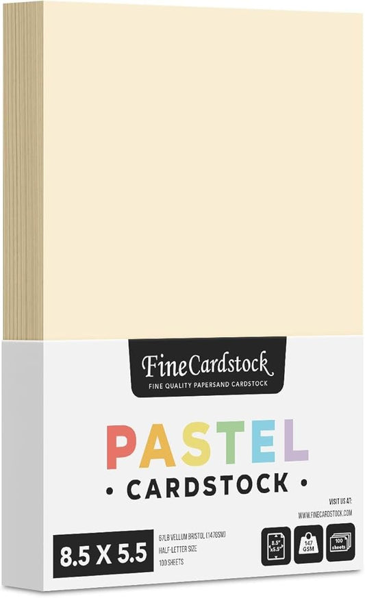 Half Letter Size, 8.5" x 5.5" Pastel Color Cardstock Paper for Arts and Crafts, Scrapbooking, Stationery Printing | Medium Weight 67lb Vellum Bristol (147gsm) Card Stock | 100 Sheets per Pack | Cream-DeskLoop Office