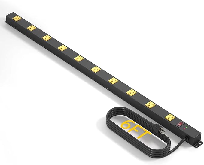 10 Outlet Long Power Strip Surge Protector, Heavy Duty Industrial Metal Power Strip 6 Feet, Wall Mountable, for Work Bench, Shop, Garage, Black (1000 Joules)-DeskLoop Office