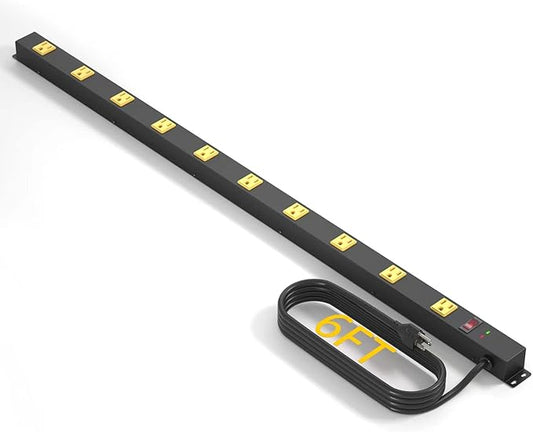 10 Outlet Long Power Strip Surge Protector, Heavy Duty Industrial Metal Power Strip 6 Feet, Wall Mountable, for Work Bench, Shop, Garage, Black (1000 Joules)-DeskLoop Office