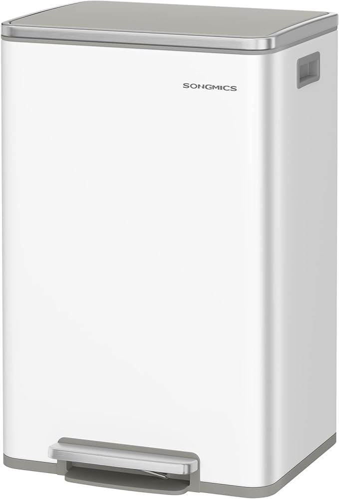 SONGMICS Trash Can, 13-Gallon Gabbage Can, with 15 Trash Bags, Steel, with Soft-Close Lid, Removable Inner Bucket, Handles, Cloud White ULTB595W01V1-DeskLoop Office