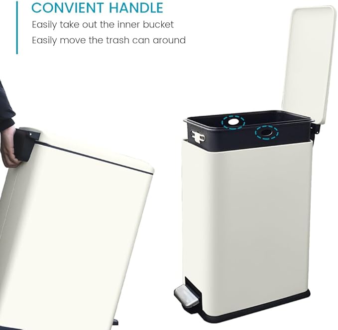 12 Gallon Slim Kitchen Trash Can, Rectangular Trash Can with Removal Inner Bucket and Soft-Close Lid, Foot Pedal, Stainless Steel Garbage Can 45 Liter, White-DeskLoop Office