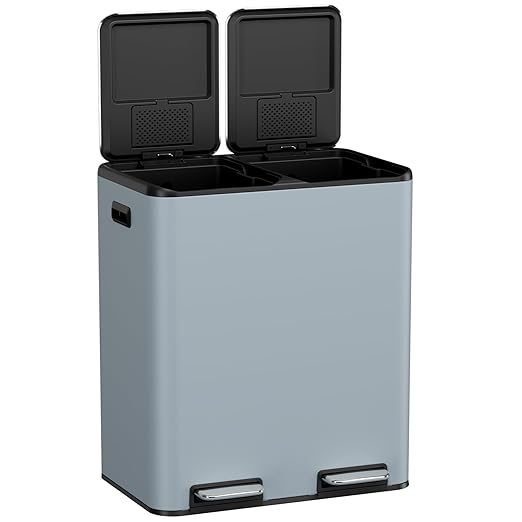 TLSUNNY Kitchen Dual Trash Can, 60L Hands-Free Stainless Steel Garbage Can, Classified Rubbish Bin with Double Compartments, Soft-Close Lid, Inner Bucket, Odor Control (60L) (Haze Blue)-DeskLoop Office
