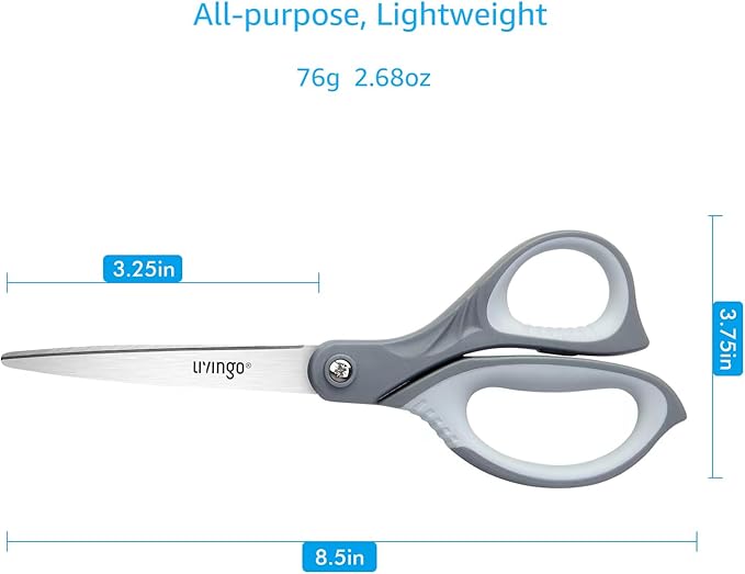 LIVINGO 3 Pack Scissors for Office: Sharp Stainless Steel Shears Heavy Duty All Purpose for Cutting Crafting Paper Fabric, Gray Comfort Handles, 8.5 Inches-DeskLoop Office