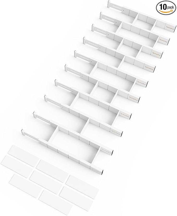 SpaceAid Bamboo Drawer Dividers with Inserts and Labels, Kitchen Adjustable Drawer Organizers, Expandable Organization for Home, Office, Dressers, 10 Dividers with 24 Inserts (17"-22" White)-DeskLoop Office