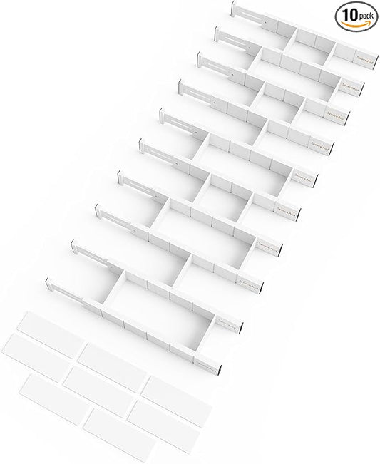 SpaceAid Bamboo Drawer Dividers with Inserts and Labels, Kitchen Adjustable Drawer Organizers, Expandable Organization for Home, Office, Dressers, 10 Dividers with 24 Inserts (17"-22" White)-DeskLoop Office