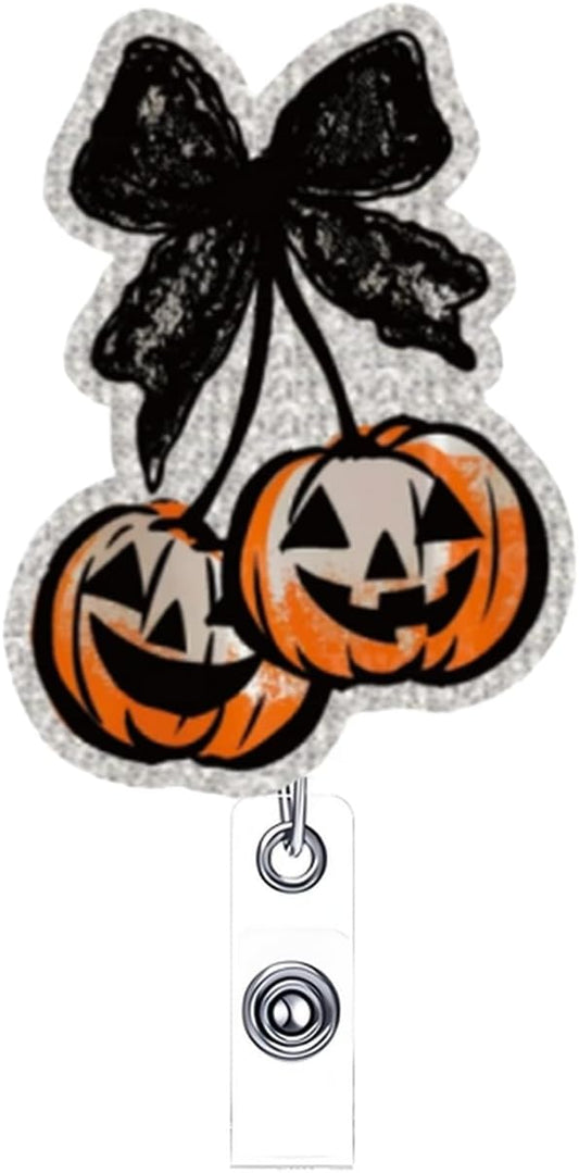 Halloween Badge Reel Retractable Autumn Coquette Pumpkin with Black Bow Acrylic Alligator Clip Halloween Badge Clip ID Card Holder Gifts for Medical Worker Teacher Doctor Cute Halloween Badges Holder-DeskLoop Office
