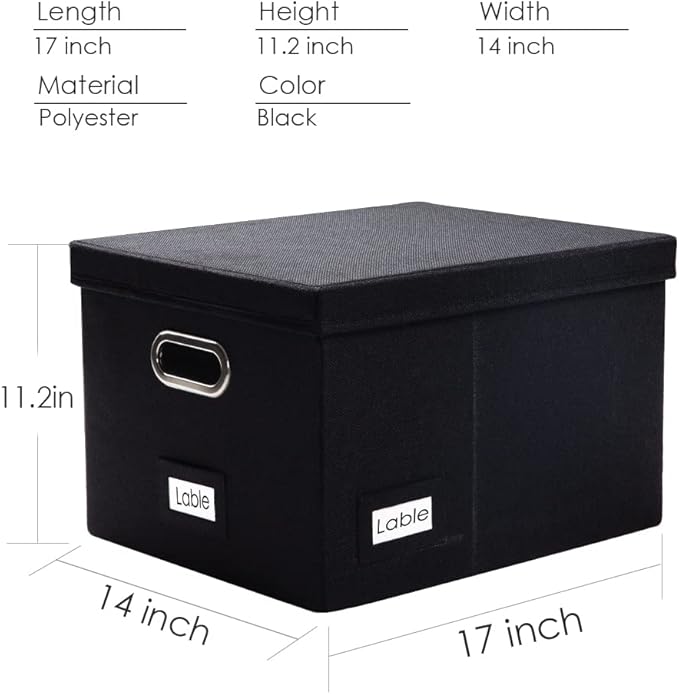 PRANDOM File Organizer Box - Set of 2 Collapsible Decorative Linen Filing Storage Hanging File Folders with Lids Office Cabinet Letter/Legal Size Black (17x14x11.2 inch)-DeskLoop Office