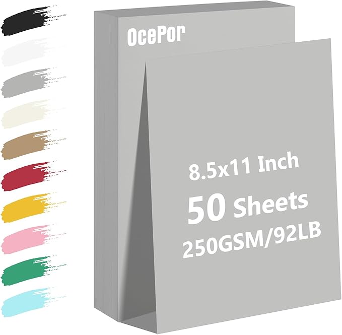 OcePor 50 Sheets Grey Cardstock Paper, Colored Printer Paper 8.5 x 11, Card Stock Thick Construction for Craft,Scrapbook,Office Printing, Invitations, Certificates,92 lb/250gsm
