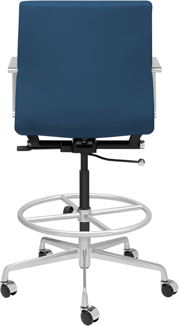 Laura Davidson Furniture SOHO II Ribbed Drafting Chair for Standing Desks, Standing Desk Chair - Ergonomically Designed, Commercial Grade Draft Height, Arm Rest & Cushion, Made of Faux Leather, Blue-DeskLoop Office