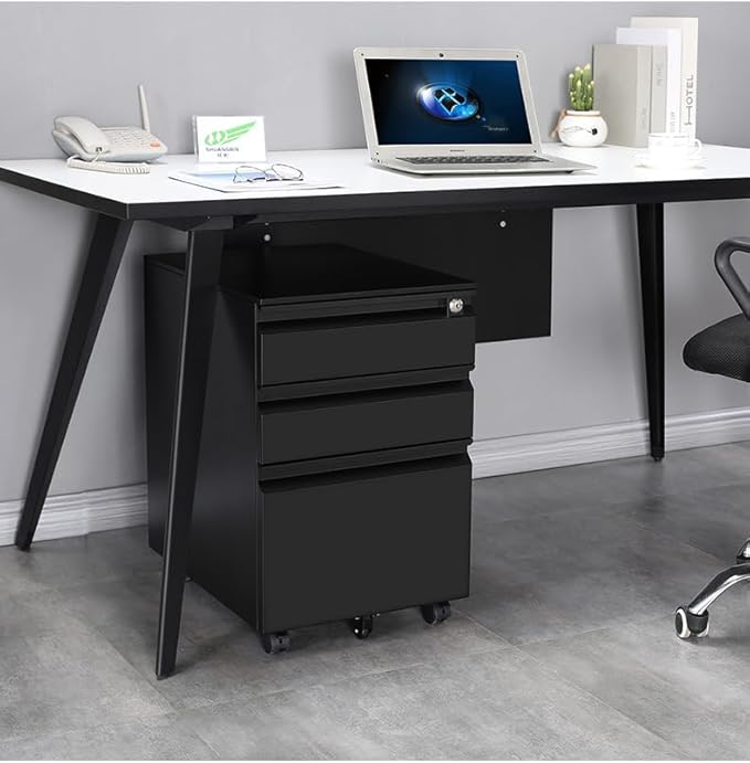 3 Drawer Steel Mobile File Cabinet with Lock for Legal/Letter/A4 Folders, 23.6''H Rolling File Cabinet for Home, Office, Fully Assembled Except Wheels, Black-DeskLoop Office